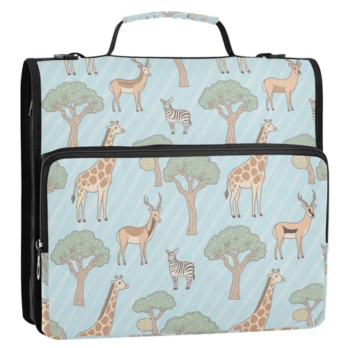 Ordnertasche mit Reißverschluss, 3,8 cm, mit Griff, mehrere Taschen, Dokumenten-Organizer für Schule/Büro, 3,8 cm, Tier-Giraffe, Grün / Blau gestreift von Amooorous