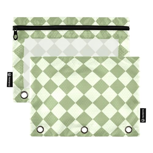 Ordnertaschen mit 3 Ringen mit transparentem Fenster, grün und weiß, amerikanisches kariertes Kunststoff-Federmäppchen, groß und stabil, 3-fach gelocht, Ordner für Klassenzimmer, Schule, Bürobedarf von Amooorous