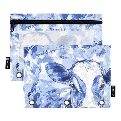 Ordnertaschen mit Reißverschluss mit transparentem Fenster, Blau und Weiß, Cartoon-Motiv, niedliche Kuh-Ringe, Ordner mit Taschen, Klarsichtfenster und Ösen, 3-fach gelocht, für Schule, Büro und von Amooorous