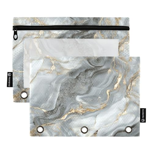Ordnertaschen mit Reißverschluss mit transparentem Fenster, weiß-goldfarbene Marmor-Textur, Ringordner mit Taschen, Klarsichtfenster und Ösen, 3 Ringe, Ordnungsmappe zur Aufbewahrung von Schul- und von Amooorous