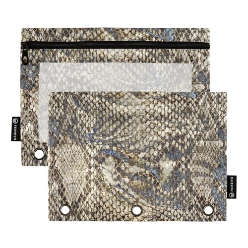 Ordnertaschen mit transparentem Fenster, Khaki, Schlangenmuster, Ringordner mit Taschen mit Reißverschluss, verstärkte Ösen, 3 Ringe zur Aufbewahrung von Schul- und Bürobedarf, mehrfarbig, 2 Stück von Amooorous