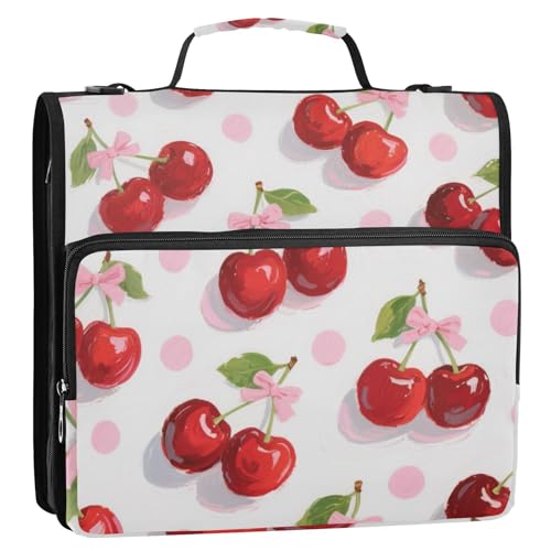 Red Cherry Bow 3 Ringe Reißverschluss Ordner mit Griff und abnehmbarem Schultergurt, wasserdicht, Schulbedarf, Organizer für Mittelschule, Encuadernador de cremallera von Amooorous