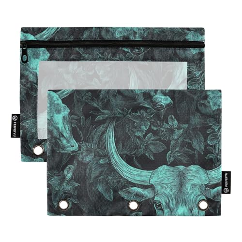 Reißverschluss für 3 Ringe mit klarem Fenster dunkelgrüne Kühe und Blumen Federmäppchen Veranstalter mit Reißverschluss verstärkte Ösen Taschen 3 Löcher für Bürobedarf mehrfarbig 2 Stück von Amooorous