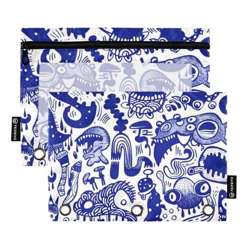 Reißverschluss mit 3 Ringen und transparentem Fenster, blau und weiß, handbemalt, Cartoon-Monster-Ring-Ordner mit Taschen, große und stabile Taschen, 3-fach gelocht, für Schule, Klasse, Büro von Amooorous