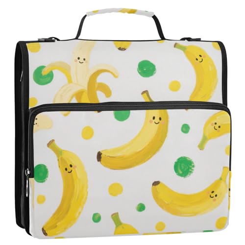 Ringbuch mit 3 Ringen, niedliches Cartoon-Design, gelbe Bananen, mit extra Taschen, mit Griff und abnehmbarem Schultergurt, mehrere Taschen, Schulordner, Organizer, geeignet für Mittelschule von Amooorous