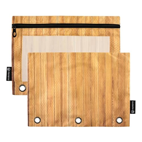 Ringbuch mit 3 Ringen mit transparentem Fenster, braune Holzmaserung, Federmäppchen, Organizer, klares Fenster und Ösen, 3 Ringe, Ordner für Klassenzimmer, Schule, Bürobedarf, mehrfarbig, 2 Stück von Amooorous