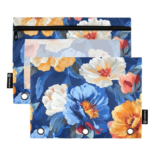 Ringbuch mit transparentem Fenster, Ölgemälde mit Retro-Blumen in Blau, Federmäppchen mit Reißverschluss, verstärkte Ösen, 3 Ringe für Bürobedarf, mehrfarbig, 2 Stück Ringbuch mit transparentem Fenster, Ölgemälde mit Retro-Blumen in Blau, Federmäppchen mit Reißverschluss, verstärkte Ösen, 3 Ringe für Bürobedarf, mehrfarbig, 2 Stück von Amooorous