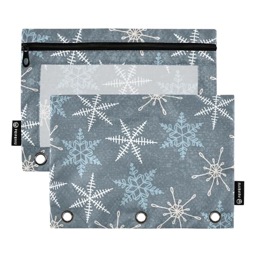 Ringbuch mit transparentem Fenster, blau und weiß, Weihnachts-Schneeflocken, Federmäppchen mit Reißverschluss, verstärkte Ösen, 3 Ringe, Ordnertasche zur Aufbewahrung von Schul- und Bürobedarf von Amooorous