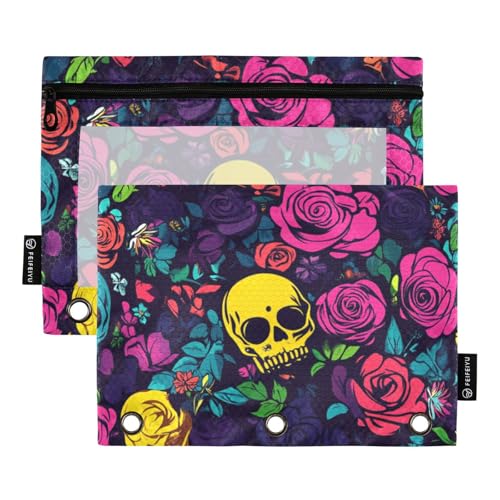 Ringbuch mit transparentem Fenster, farbige Rosen-Totenkopf-Federmäppchen, transparentes Fenster und Ösen, 3-fach gelocht, Ordner zur Aufbewahrung von Schul- und Bürobedarf, mehrfarbig, 2 Stück Ringbuch mit transparentem Fenster, farbige Rosen-Totenkopf-Federmäppchen, transparentes Fenster und Ösen, 3-fach gelocht, Ordner zur Aufbewahrung von Schul- und Bürobedarf, mehrfarbig, 2 Stück von Amooorous