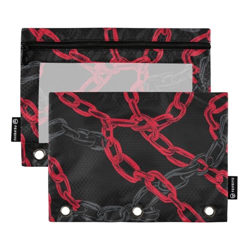 Ringbuch mit transparentem Fenster, schwarze und rote Kette, Gothic, großes Federmäppchen mit Reißverschluss, groß und stabil, 3-Ring-Bindertasche für Bürobedarf, mehrfarbig, 2 Stück von Amooorous