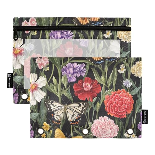Ringbuch mit transparentem Fenster Ölgemälde mit bunten Retro-Blumen Kunststoff Federmäppchen klar Fenster und Ösen Taschen 3 Löcher für die Lagerung von Schulstudenten Lehrerzubehör gestanzt von Amooorous