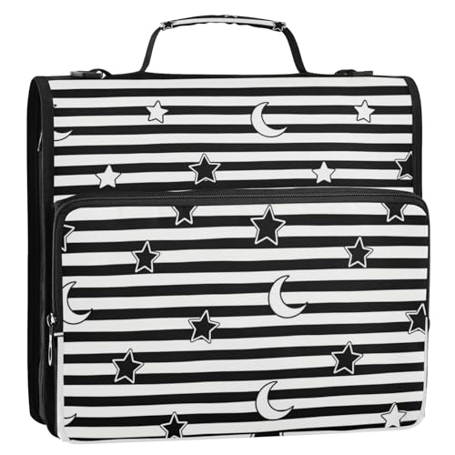 Schwarz-weiße Streifen Sterne Mond 3 Ringe Reißverschluss Ordner mit Schultergurt Multi-Pocket Dokument Organizer Tasche für Büro Schule Encuadernador de cremallera Schwarz-weiße Streifen Sterne Mond 3 Ringe Reißverschluss Ordner mit Schultergurt Multi-Pocket Dokument Organizer Tasche für Büro Schule Encuadernador de cremallera von Amooorous