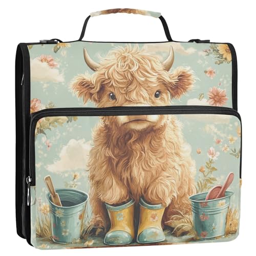 Scotland Cow Fresh Spring 3,8 cm 3-Ringe Schule Reißverschluss Ordner mit Gurt Laege Kapazität Dokumente Dateien Aufbewahrungstasche für Mittelschule Encuadernador de Cartera von Amooorous