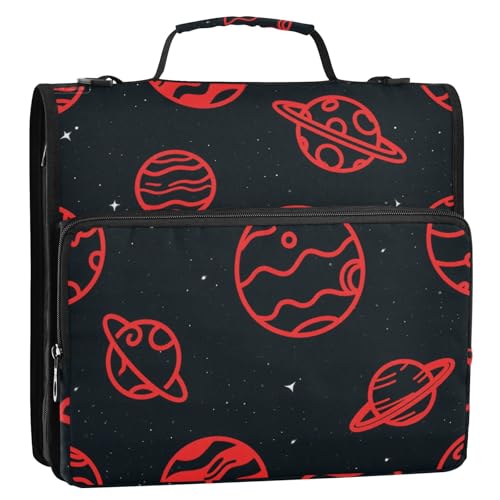 Space Planet Ordner mit 3 Ringen, 3 Ringe, mit extra Taschen, mit Griff, mehrere Taschen, Schulbedarf, Organizer für Büro, Schule, Paquete de gestión de documentos, Rot / Schwarz von Amooorous