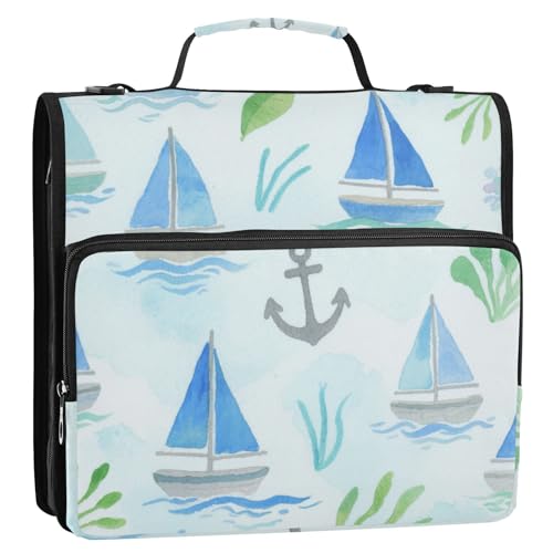 Süßes Cartoon-blaues Segelboot-Ordner mit 3 Ringen, 3,8 cm, Reißverschluss, mit Griff, inklusive Reißverschlusstasche, Dokumenten-Organizer für Schule und Büro, Carpeta con cremallera von Amooorous