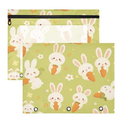 Tragbare Kosmetiktasche mit 3 Löchern für A4-Papier, Briefe, 2 Stück, Studenten, Schulbedarf, Grün, niedliche Kaninchen, Cartoon von Amooorous