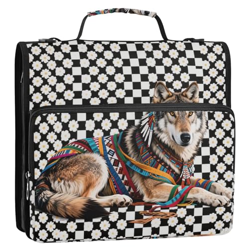 Tribal Style Wolf weiß schwarz kariert 3 Ringe 3,8 cm Ordner Reißverschluss mit Schultergurt und Griff leicht zu tragen Dokumentenmappe Organizer geeignet für Mittelschule Cartera con cremallera von Amooorous