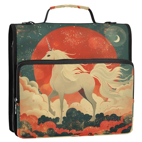 Unicorns Ukiyo-e Stil 3,8 cm 3-Ringe Reißverschluss Ordner Organizer mit Gurt einfach zu tragen Dokumenten-Organizer für Büro Schule Encuadernador de cremallera von Amooorous