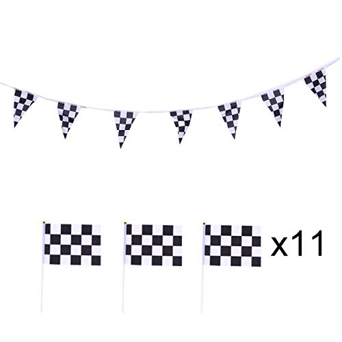 Amosfun 11 stücke Lange Rennstrecke Auto Ziellinie Schwarz und Weiß Kunststoff Wimpel Party Checker Muster String Vorhang Banner (1 Banner und 10 Fahnen) von Amosfun
