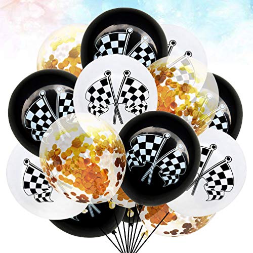 Amosfun 15pcs Karierten Rennwagen Luftballons Racing Flags Latex Luftballons Konfetti Luftballons für Racing Thema Party Dekoration liefert 12 Zoll ohne Band golden von Amosfun