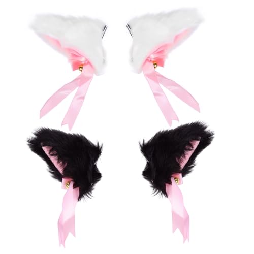 Amosfun 2 Paare Cosplay Katzen und Fuchsohren Haarspangen mit Glöckchen Flauschige Haarnadeln Leicht und Bequem Modisches Accessoire für Karneval Fasching und Alltag von Amosfun