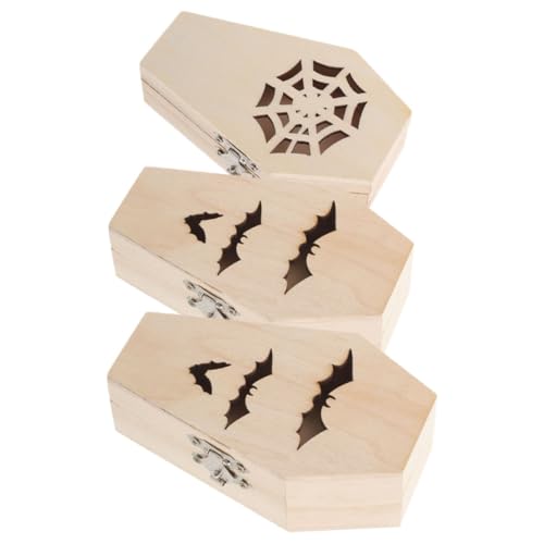 Amosfun 3 Stück Bat Coffin Schmuckbox aus Unbehandeltem Holz Füllbare Ringhalter für Halloween Party Dekoration und Vielseitig Einsetzbar für Schmuck und Süßigkeiten von Amosfun