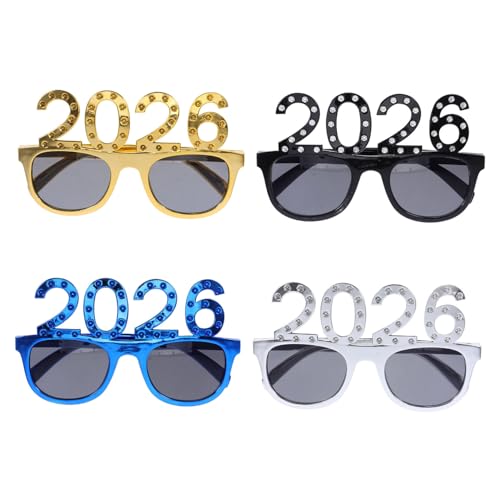 Amosfun 4 Stück Lustige Fotorequisiten für Silvesterfeiern Leichte und Bequeme Brille für Partys und Festliche Anlässe Gold Silber Blau und Schwarz von Amosfun