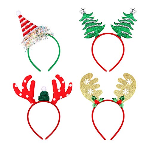 Amosfun 4 Stücke Glitzer Weihnachtsmütze Weihnachtsbaum und Rentier Geweih Haarreif Weihnachten Haarschmuck Kopfschmuck Kopfbedeckung Kinder Erwachsene Party Kostüm Zubehör(zufälliger Stil) von Amosfun