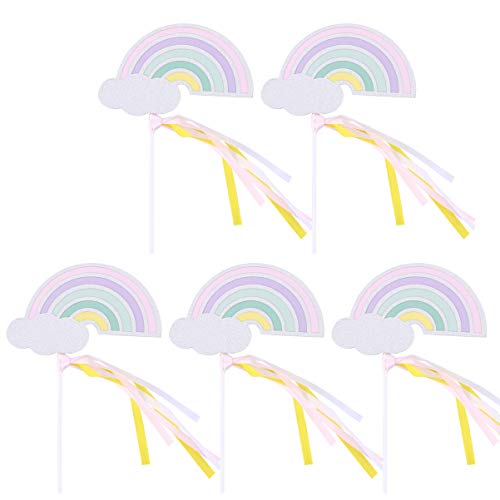 Amosfun 5 Stück Regenbogen Cupcake Topper Papier Kuchen Topper Dessert Topper Kuchen Dekorationen mit Band für Baby-Dusche-Geburtstagsfeier (Silber) von Amosfun