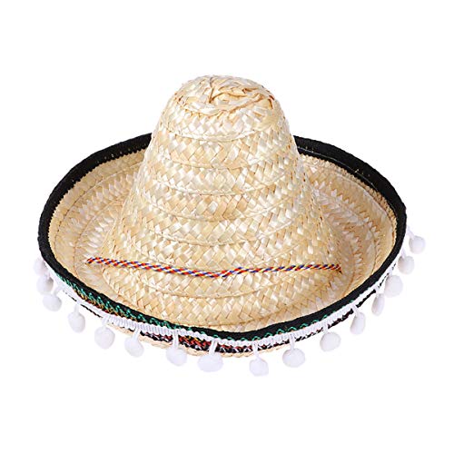 Amosfun Mexikanischer Sombrero-Hut-Stroh-Partyhüte mit Plüschkugeln Hawaiianer Requisiten für Kinder 28CM von Amosfun