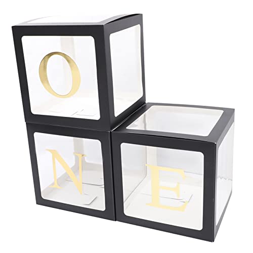 Amosfun One Buchstaben Luftballon Box für Geburtstag Jungen Mädchen Transparente Partydeko mit Goldfarbenem One Ballon und Schwarzen Geschenkboxen Sichere Papiermaterialien als von Amosfun