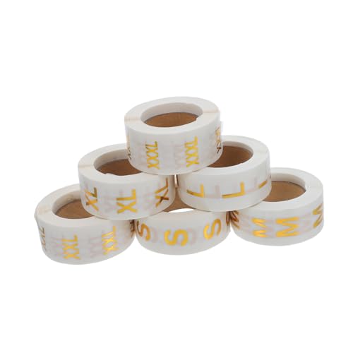 Amosfun S-Kleidungsaufkleber-Rolle mit luxuriöser Goldprägung, transparenter Basis, runde Klebeetiketten für Bekleidungsorganisation, Einzelhandel, Inventar und Kleidungsklassifizierung, 6 Rollen von Amosfun
