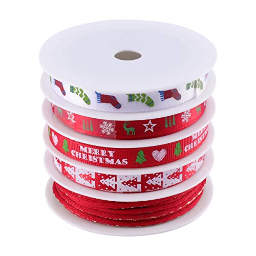 Amosfun Weihnachten Geschenkband Satinband Geschenkband Schleifenband Dekoband Weihnachtsbänder für DIY Basteln Handwerk Haarschleife Geschenkverpackung Kuchendeko Rot 25M 5 Rollen von Amosfun