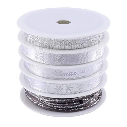 Amosfun Weihnachten Geschenkband Satinband Geschenkband Schleifenband Dekoband Weihnachtsbänder für DIY Basteln Handwerk Haarschleife Geschenkverpackung Kuchendeko Silber 25M 5 Rollen von Amosfun