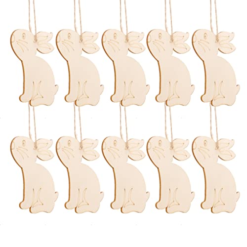 Amosfun 10 Stück Ostern Anhänger Holz Hasen Kaninchen Figur Holzscheiben mit Loch Baumscheiben Geschenkanhänger Hängende Ostern Dekoration zum Bemalen Basteln mit Schnur Khaki von Amosfun