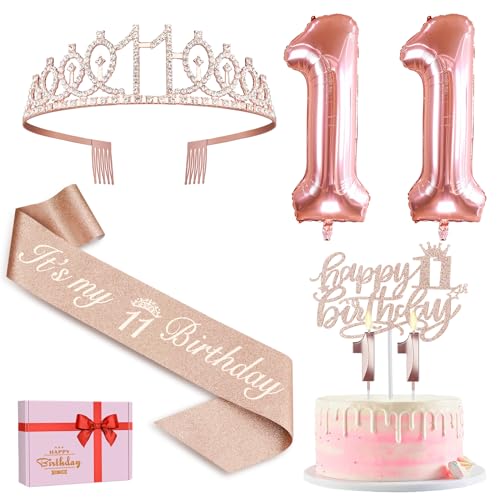 11. Geburtstag Mädchen Deko, 11. Geburtstag Krone und Schärpe, Happy Birthday Tortendeko Kerzen, Luftballons Rosegold, Geschenke für Mädchen 11 Jahre 11. Geburtstag Mädchen Deko, 11. Geburtstag Krone und Schärpe, Happy Birthday Tortendeko Kerzen, Luftballons Rosegold, Geschenke für Mädchen 11 Jahre von Amosking