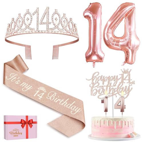 14. Geburtstag Mädchen Deko, 14. Geburtstag Krone und Schärpe, Happy Birthday Tortendeko Kerzen, Luftballons Rosegold, Geschenke für Mädchen 14 Jahre 14. Geburtstag Mädchen Deko, 14. Geburtstag Krone und Schärpe, Happy Birthday Tortendeko Kerzen, Luftballons Rosegold, Geschenke für Mädchen 14 Jahre von Amosking