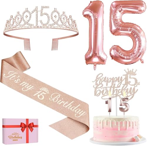 15. Geburtstag Mädchen Deko, 15. Geburtstag Krone und Schärpe, Happy Birthday Tortendeko Kerzen, Luftballons Rosegold, Geschenke für Mädchen 15 Jahre 15. Geburtstag Mädchen Deko, 15. Geburtstag Krone und Schärpe, Happy Birthday Tortendeko Kerzen, Luftballons Rosegold, Geschenke für Mädchen 15 Jahre von Amosking