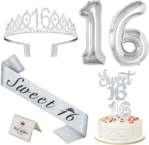 16 Geburtstag Dekorationen Silber, einschließlich Sweet 16 Schärpe und Tiara, Sweet 16 Cake Topper und Kerzen, Zahlenballons, 16 Jahre alte Geschenke für Mädchen 16 Geburtstag Dekorationen Silber, einschließlich Sweet 16 Schärpe und Tiara, Sweet 16 Cake Topper und Kerzen, Zahlenballons, 16 Jahre alte Geschenke für Mädchen von Amosking