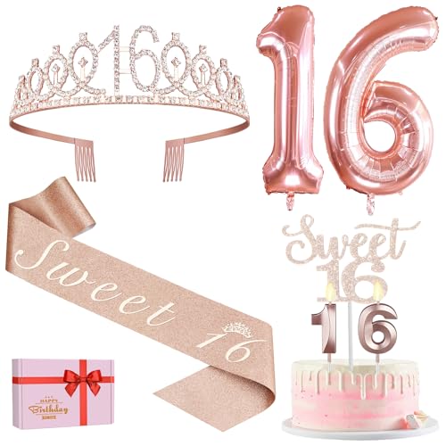 16. Geburtstag Mädchen Deko, 16. Geburtstag Krone und Schärpe, Happy Birthday Tortendeko Kerzen, Luftballons Rosegold, Geschenke für Mädchen 16 Jahre 16. Geburtstag Mädchen Deko, 16. Geburtstag Krone und Schärpe, Happy Birthday Tortendeko Kerzen, Luftballons Rosegold, Geschenke für Mädchen 16 Jahre von Amosking