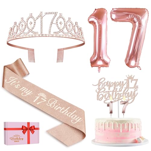 17. Geburtstag Mädchen Deko, 17. Geburtstag Krone und Schärpe, Happy Birthday Tortendeko Kerzen, Luftballons Rosegold, Geschenke für Mädchen 17 Jahre 17. Geburtstag Mädchen Deko, 17. Geburtstag Krone und Schärpe, Happy Birthday Tortendeko Kerzen, Luftballons Rosegold, Geschenke für Mädchen 17 Jahre von Amosking
