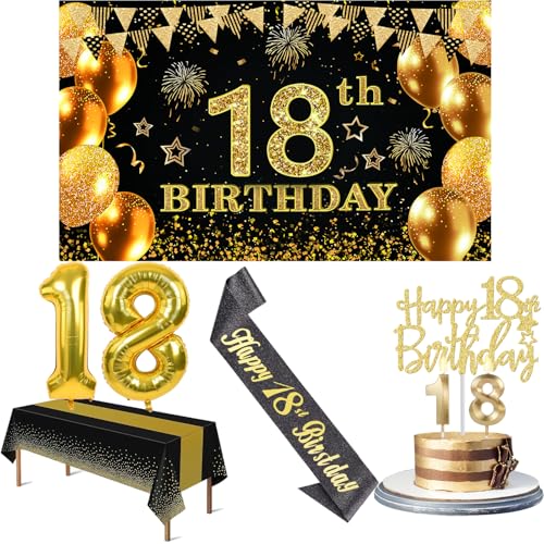 18 Geburtstag Dekorationen Jungen Mädchen mit 18 Geburtstag Banner, Schwarz und Gold Tischdecke, Zahlenballons, Schwarz Glitzer Schärpe, Kuchen Topper und Kerzen 18 Geburtstag Dekorationen Jungen Mädchen mit 18 Geburtstag Banner, Schwarz und Gold Tischdecke, Zahlenballons, Schwarz Glitzer Schärpe, Kuchen Topper und Kerzen von Amosking