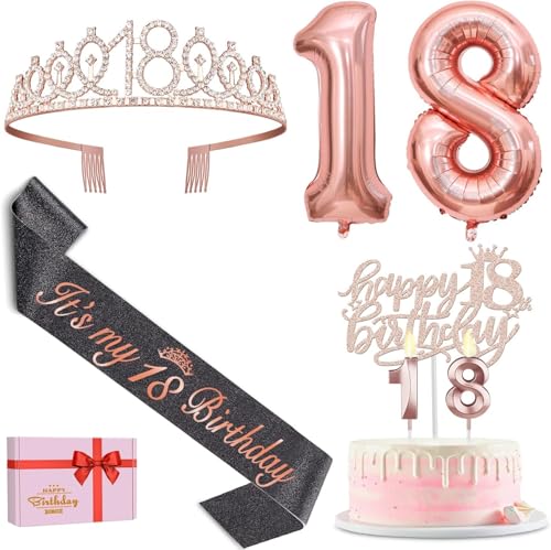 18. Geburtstag Mädchen Deko, 18 Geburtstag Krone und Schärpe, Happy Birthday Tortendeko Kerzen, Luftballons Rosegold, Geschenke für Mädchen 18 Jahre 18. Geburtstag Mädchen Deko, 18 Geburtstag Krone und Schärpe, Happy Birthday Tortendeko Kerzen, Luftballons Rosegold, Geschenke für Mädchen 18 Jahre von Amosking