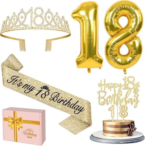 18. Geburtstag Mädchen Deko, 18 Geburtstag Krone und Schärpe, Tortendeko und Kerzen, Luftballons Gold, Geschenke für Mädchen 18 Jahre 18. Geburtstag Mädchen Deko, 18 Geburtstag Krone und Schärpe, Tortendeko und Kerzen, Luftballons Gold, Geschenke für Mädchen 18 Jahre von Amosking