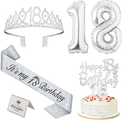 18. Geburtstag Mädchen Deko, 18. Geburtstag Krone und Schärpe, Tortendeko und Kerzen, Luftballons Silber, Geschenke für Mädchen 18 Jahre 18. Geburtstag Mädchen Deko, 18. Geburtstag Krone und Schärpe, Tortendeko und Kerzen, Luftballons Silber, Geschenke für Mädchen 18 Jahre von Amosking