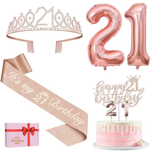 21 Geburtstag Deko, 21. Geburtstag Krone und Schärpe, Happy Birthday Tortendeko Kerzen, Luftballons Rosegold, Geschenke für Frauen 21 Jahre 21 Geburtstag Deko, 21. Geburtstag Krone und Schärpe, Happy Birthday Tortendeko Kerzen, Luftballons Rosegold, Geschenke für Frauen 21 Jahre von Amosking