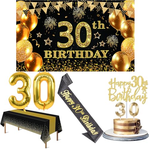 30 Geburtstag Dekorationen Männer Frauen mit 30 Geburtstag Banner, Schwarz und Gold Tischdecke, Zahlenballons, Schwarz Glitzer Schärpe, Kuchen Topper und Kerzen 30 Geburtstag Dekorationen Männer Frauen mit 30 Geburtstag Banner, Schwarz und Gold Tischdecke, Zahlenballons, Schwarz Glitzer Schärpe, Kuchen Topper und Kerzen von Amosking