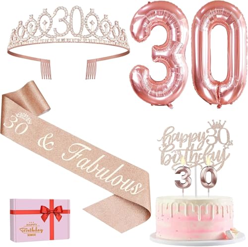 30. Geburtstag Frauen Deko, 30 Geburtstag Krone und Schärpe, Happy Birthday Tortendeko Kerzen, Luftballons Rosegold, Geschenke für Frauen 30 Jahre 30. Geburtstag Frauen Deko, 30 Geburtstag Krone und Schärpe, Happy Birthday Tortendeko Kerzen, Luftballons Rosegold, Geschenke für Frauen 30 Jahre von Amosking