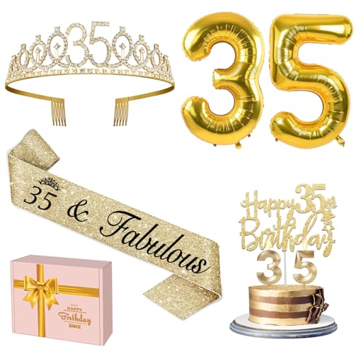35 Geburtstag Dekorationen Gold, Einschließlich 35 Geburtstag Schärpe und Krone, Cake Topper und Kerzen, Zahlenballons, 35 Jahre alte Geschenke für Frauen von Amosking