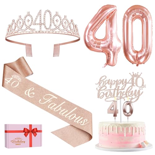 40. Geburtstag Frauen Deko, 40. Geburtstag Krone und Schärpe, Happy Birthday Tortendeko Kerzen, Luftballons Rosegold, Geschenke für Frauen 40 Jahre 40. Geburtstag Frauen Deko, 40. Geburtstag Krone und Schärpe, Happy Birthday Tortendeko Kerzen, Luftballons Rosegold, Geschenke für Frauen 40 Jahre von Amosking